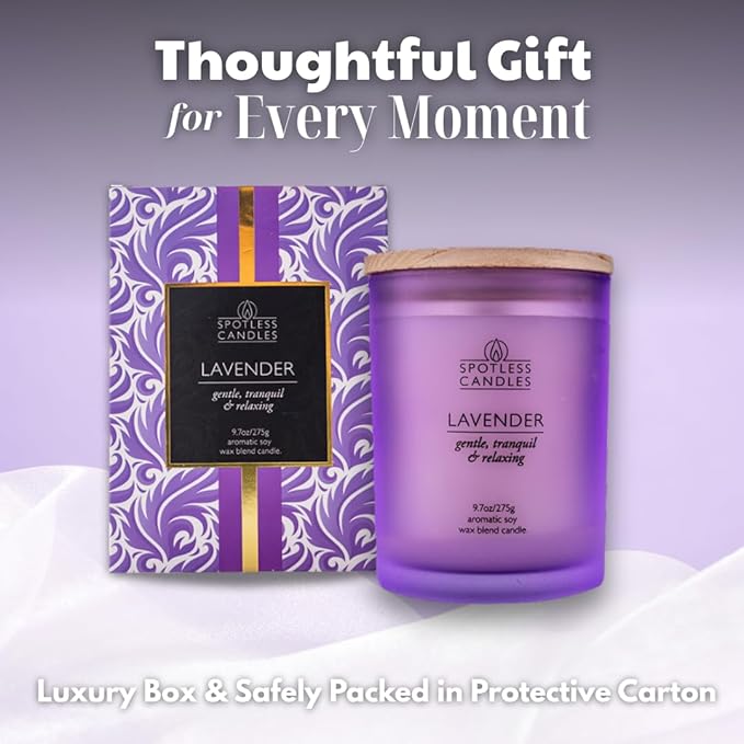 Lavender Candle - 9.7 oz /275g Lavender Scented Candle in Purple Glass Jar with Wooden Lid and Wooden Crackling Wick in a Luxurious Gift Box - Gentle, Tranquil and Relaxing