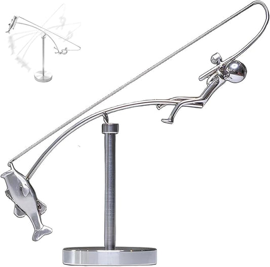 Kinetic Fishing Sculpture, Balance Art for Your Space, Fisherman Balancing Sculpture, Home Office Decor, Gifts for Fishing Lovers
