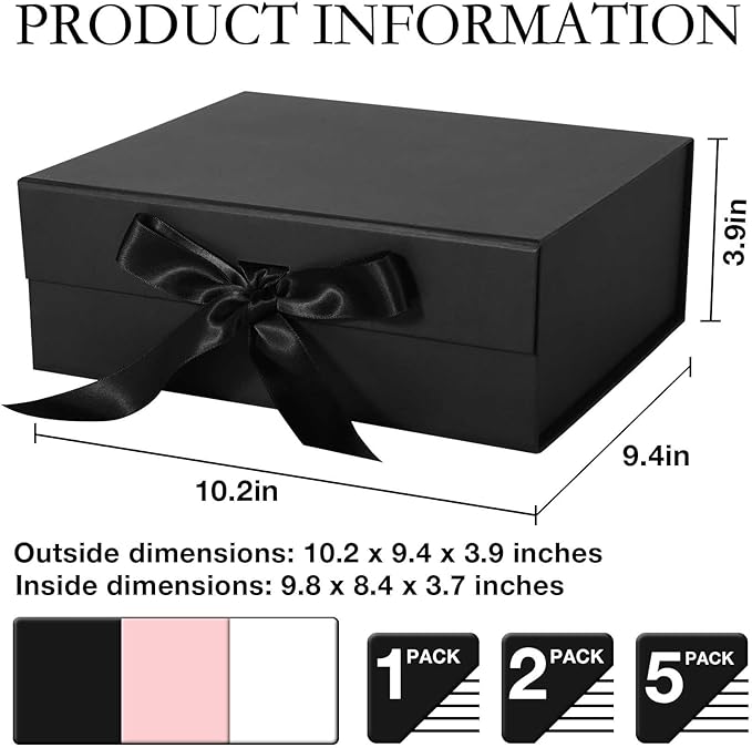 Black Gift Box with Ribbon Magnetic Lids 10.2x9x3.74 in, Bridesmaid Groomsman Proposal Boxes, Wedding Graduation Storage Box 5 Pack