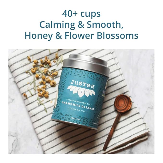 JusTea CHAMOMILE DREAM | Loose Leaf Herbal Tea | Tin with Hand Carved Tea Spoon |40+ Cups (1.6oz) | Caffeine Free | Award-Winning | Fair Trade | Non-GMO