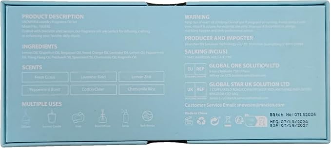 Laundry Fragrance Oils Set, SNOWSEN Clean Essential Oils for Diffuser, Wool Dryer Balls, Cotton Clean, Chamomile Bliss, Fresh Citrus, Lavender Field,Peppermint Burst, Lemon Zest, Freshie Scented Oil