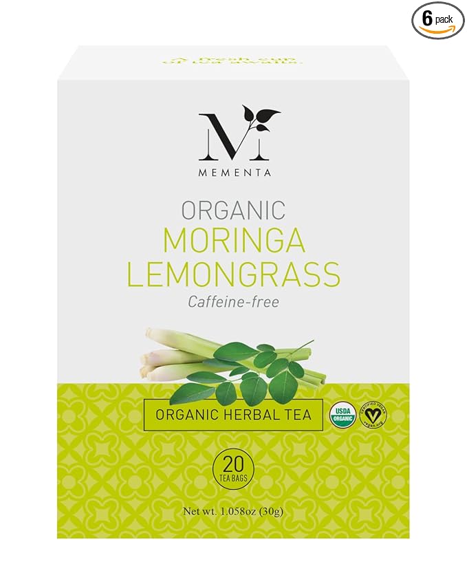 Mementa Inc Organic Moringa Lemongrass Herbal Tea Bags - 20 Individually Wrapped Bags Per Box, Pack of 6 Boxes - Premium Natural Ingredients for a Refreshing and Healthy Beverage