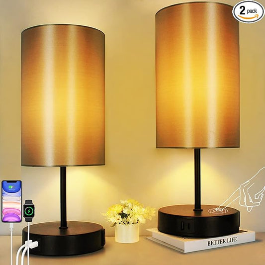 HiBay 17.75" Touch Bedside Table Lamps Set of 2 with USB Charging Ports & AC Outlet, Rustic Black Nightstand Lights for Bedroom, Living Room, Kids Room, 3-Way Dimmable, E26 LED Bulb Included