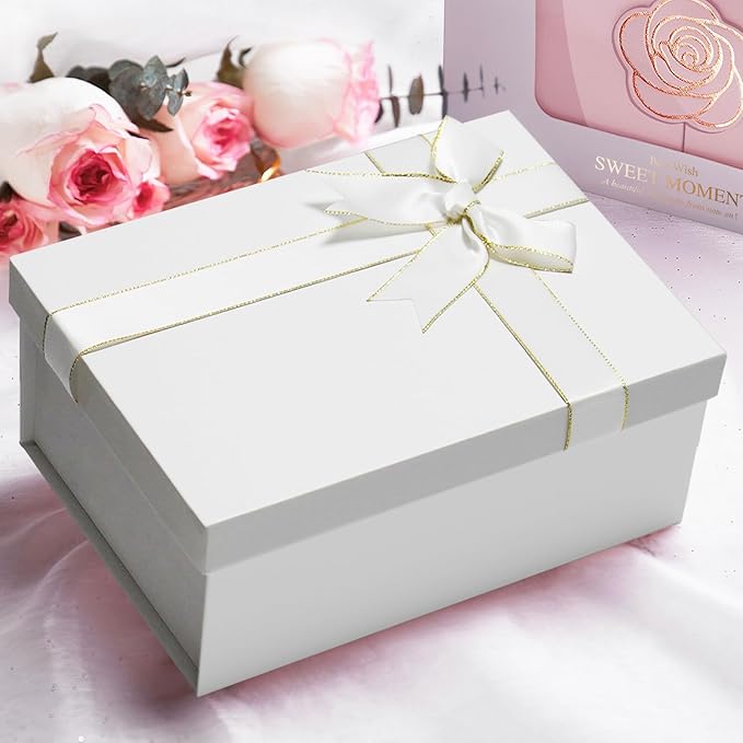Eerbaier White Gift Boxes with lids - 3 Pack 8.8x6.3x3.5 Inches Present Box with Raffia Paper Fill and Greeting Card - Premium Cardboard Gift Boxes for Presents