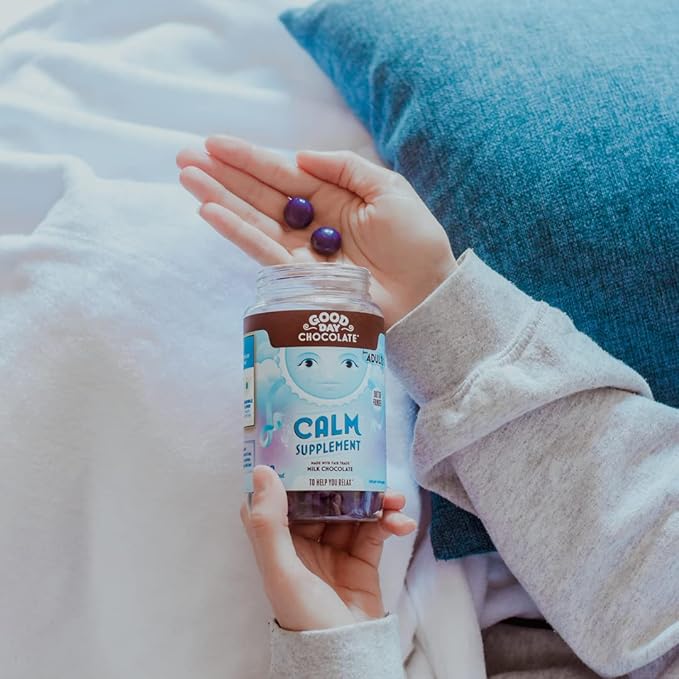 Good Day Chocolate Natural Calming Supplement for Adults, Blend of Camomile, Theanine, Magnesium, Fair Trade and Non-GMO Chocolate, 80 Pieces