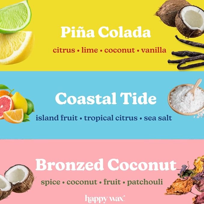 Happy Wax Endless Summer Collection Scented Natural Soy Wax Melts – 6 Total Oz. of Scented Wax Melts, Collection Includes Bronzed Coconut, Coastal Tide and Pina Colada