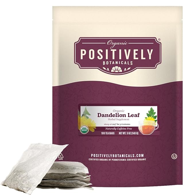Organic Positively Botanicals Company, Dandelion Leaf Herbal Tea Bags, 100 Count, Eco-Friendly Tea Bags, Non-GMO