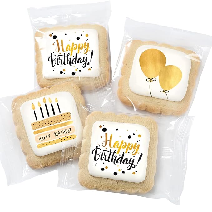 Happy Birthday Cookies 6 PACK Gift Basket Gold for Men Women Kids | Gourmet Decorated Sugar Cookie Gift Box | Individually Wrapped Nut-Free