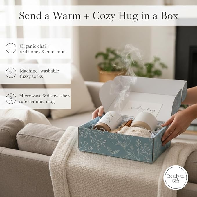 Unboxme Sending Hugs Comforting Gift Basket for Women - Soothing Self Care Box with Fluffy Socks, Ceramic Mug, Chai Tea, Honey & Cinnamon for Mom, Sister, Friends and Coworkers