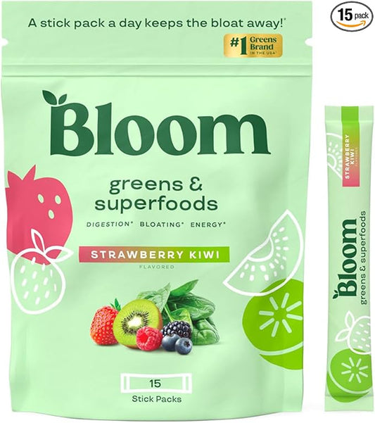 Bloom Nutrition Greens and Superfoods Powder Packets for Digestive Health, Greens Powder, Digestive Enzymes, Probiotics, Spirulina, Chlorella for Bloating & Gut Support, 15 Stick, Strawberry Kiwi