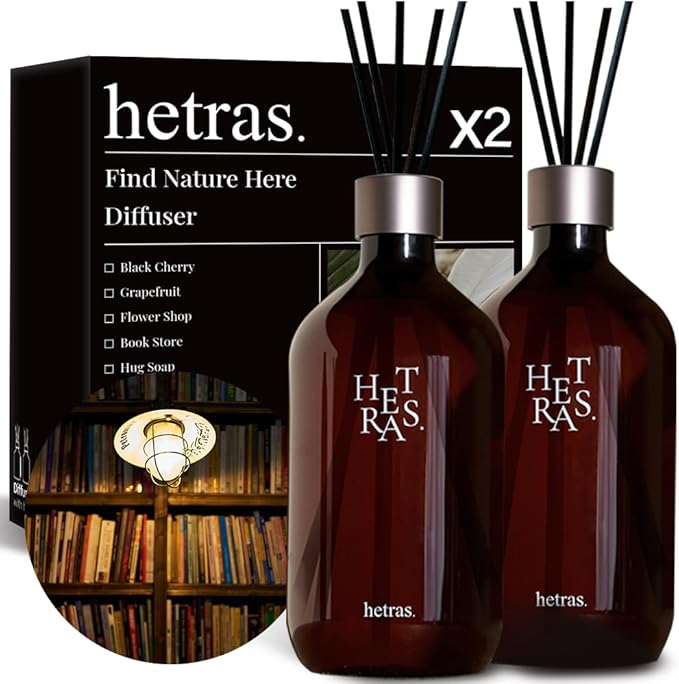 hetras Premium Reed Diffuser Set 16.9 fl.oz. 2 Pack | Book Store - Woody & Herb Scent | Long-Lasting Luxury Fragrance with 10 Reed Sticks for Home & Office | Gifts for Loved One