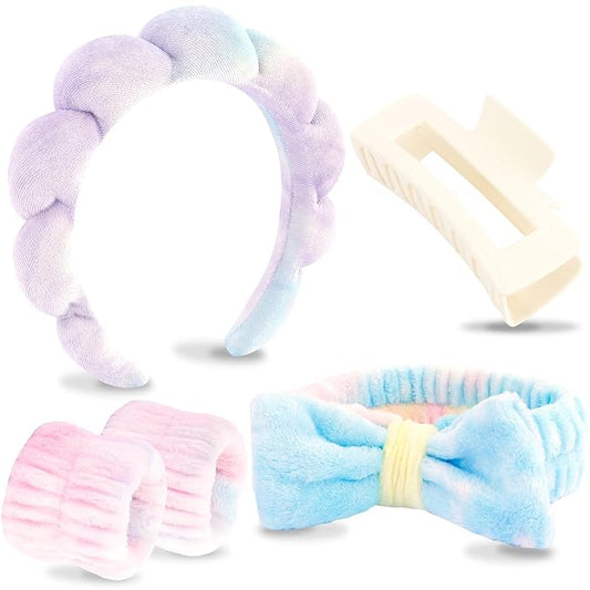 VELSCRUN Spa Headband, Makeup Face Wash Skincare Headbands, 5 Pcs Light Colorful Sponge Bow Tie Get Ready HairBand Facial Wristband Hair Clips Set, Stuff for Teen Girls Women Trendy Hair Accessories