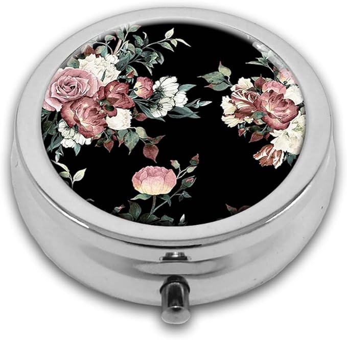 Beautiful Retro Flowers Pill Box Purse Pocket Small Round Silver Pill Case Decorative Box Metal Medicine Vitamin Pill Organizer Portable Unique Gift