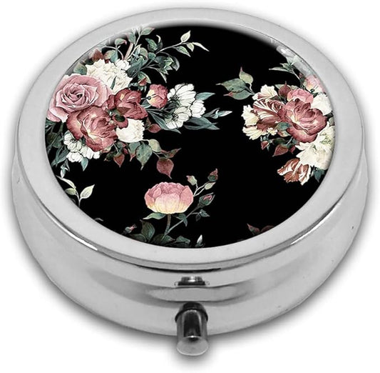 Beautiful Retro Flowers Pill Box Purse Pocket Small Round Silver Pill Case Decorative Box Metal Medicine Vitamin Pill Organizer Portable Unique Gift