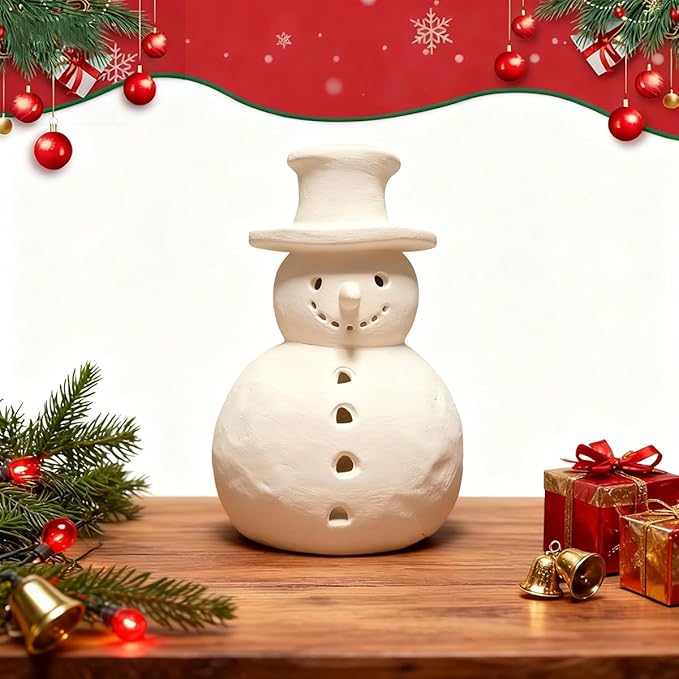 Handmade Terracotta Snowman Decor, White Clay Statue Figurines Snowman, Winter Christmas Decorations Indoor, Unique Style Handcrafted Terra Cotta for Holiday Table Ornaments(L)