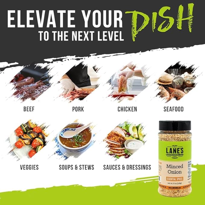 Lane's Minced Onion Flakes, All-Natural Dried Onion Flakes for Cooking Goes Well With Meats, Vegetables, Salads, and Stir-Fries, Made in USA, 8 Oz