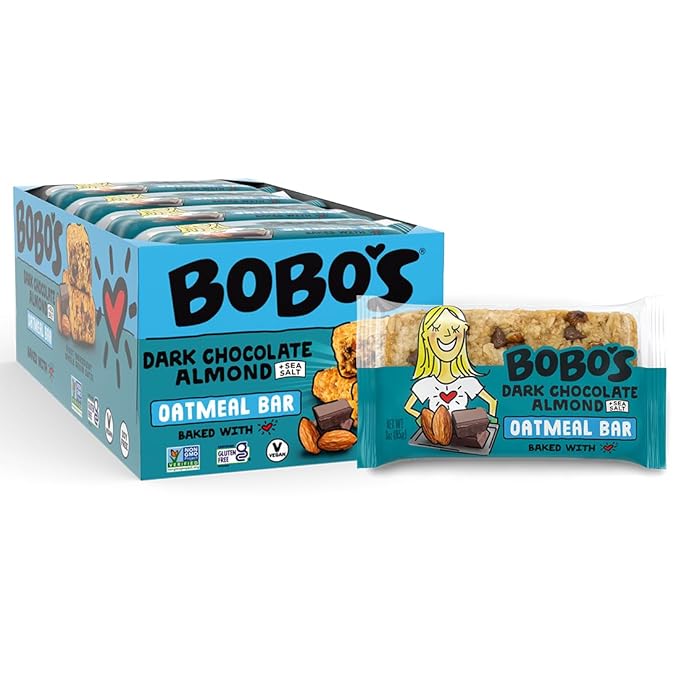 Bobo's Oatmeal Bars, Dark Chocolate Almond Sea Salt, Gluten Free Vegan Whole Grain Oat Bars, Pack of 12