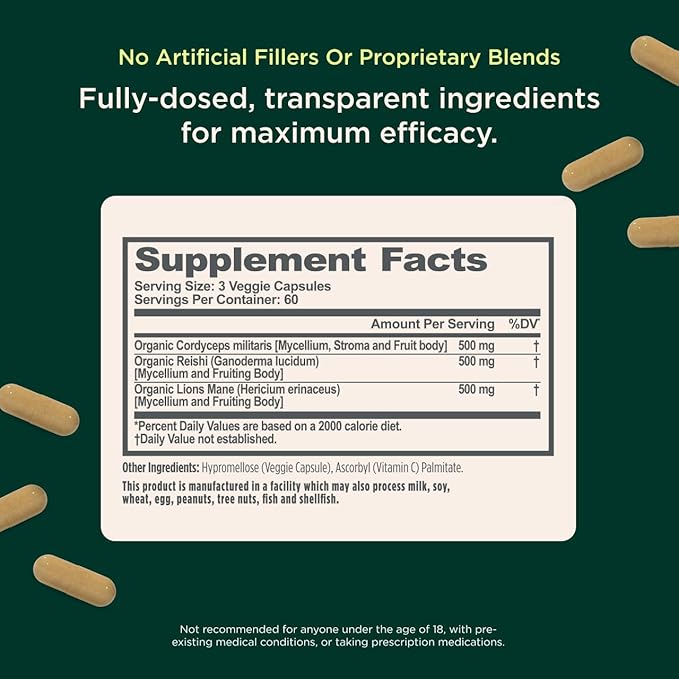 Genius Mushroom Supplement - Full-Spectrum Lion’s Mane, Cordyceps, Reishi -Daily Brain Nootropic for Energy, Focus, Memory & Overall Wellness - 180 Capsules – Organic for Mental Clarity & Performance