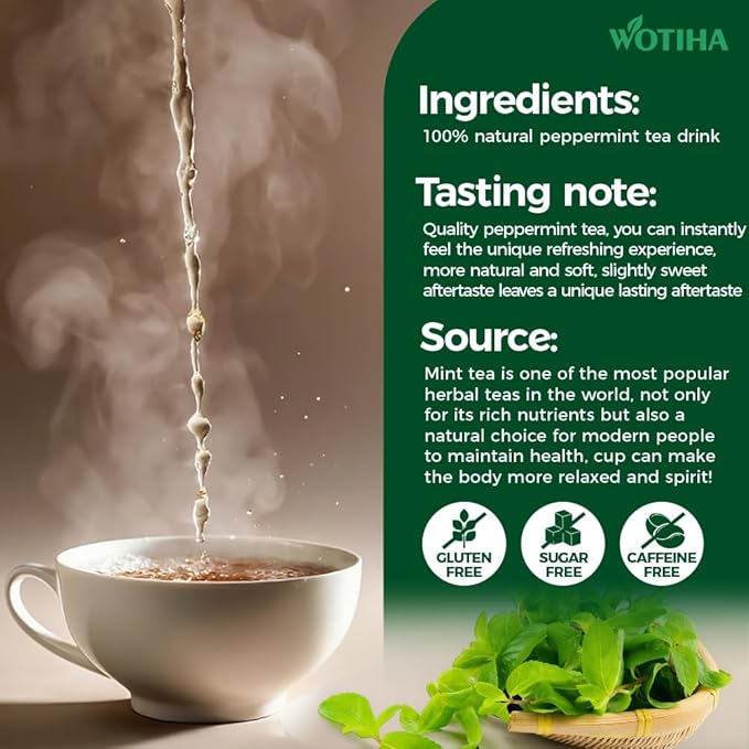 WOTIHA-Natural Peppermint Tea 180g.120 Herbal Tea 100% Natural Peppermint Leaves.Non-GMO • Additive-Free • Caffeine-Free • Sugar-Free • Vegan