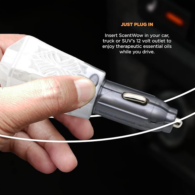 Belle Aroma ScentWow Aromatherapy - Ylang Ylang Car Diffuser for Essential Oils – Portable 12V Plug-In Mini Diffuser – Compact Travel Humidifier for Car, Truck & Small Spaces – White & Gray