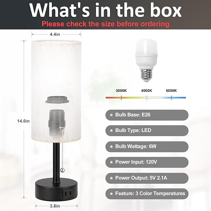 Fenmzee Bedside Table Lamp for Nightstand - 3 Color Temperatures Pull Chain Lamp with AC Outlet Charging Port, Round Night Stand Light for Bedroom Living Room, Small Bed Side Light with E26 LED Bulb