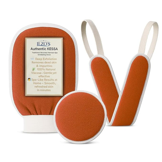Original Moroccan Kessa Exfoliating Glove Set (ILZO’S) – 3-Piece Hammam Mitts for Face, Body & Back – Deep Skin Cleansing & Dead Skin Removal – Reusable Natural Exfoliator – Assorted Colors (ORANGE)