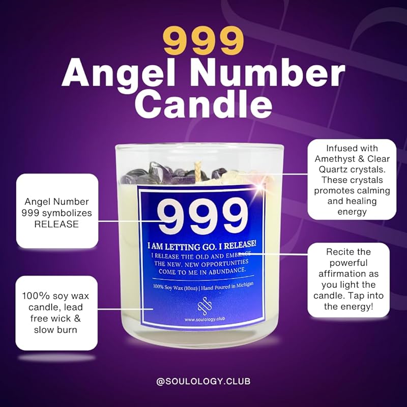 999 Angel Number Candle, 10oz, Crystal candle, 100% Soy Wax & Phthalate-Free Fragrance candles, Gifts candles for women, Angel Number Gift, Healing Candle