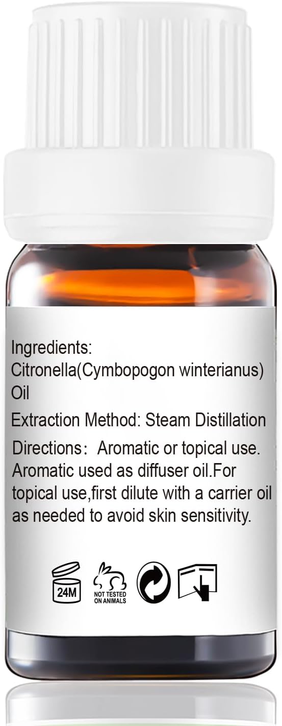 Citronella Essential Oil - 100% Pure Organic Oil for Diffuser, Spray, Candle Making & Skin Care - 10mL Glass Bottle