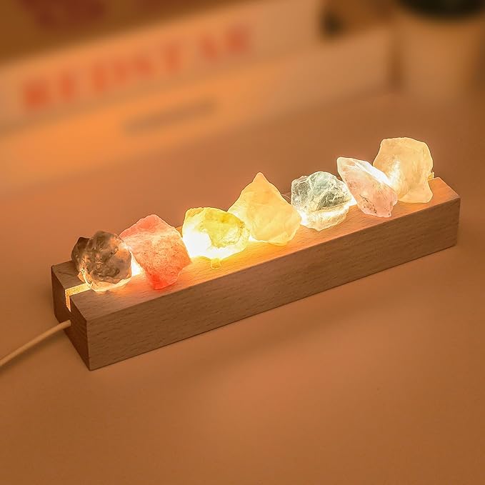 Healing Crystal Night Light,7 Chakra Stones Bedside Lamp,Mood Light with Wooden LED Light Base,Healing Stones Positive Energy Night Light for Home Decor Gifts (Plug-in)