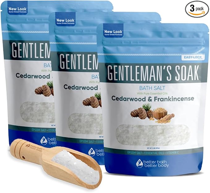 Gentleman's Bath Salt (3-Pack Plus Scoop) Bath for Men with Pure Essential Oils in BPA Free Pouch with Press-Lock Seal Made in USA 3-Pack of 2-lbs, 6-lbs Total