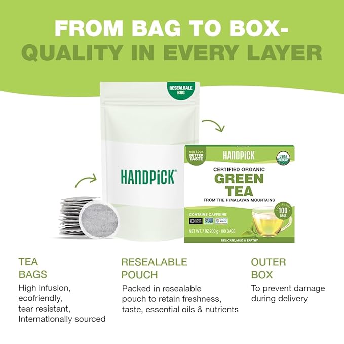 HANDPICK, Organic Green Tea Bags - 100 Eco-Friendly Tea Bags | USDA Organic | Resealable Pack for Freshness | Delicate & Flavory | Direct From India