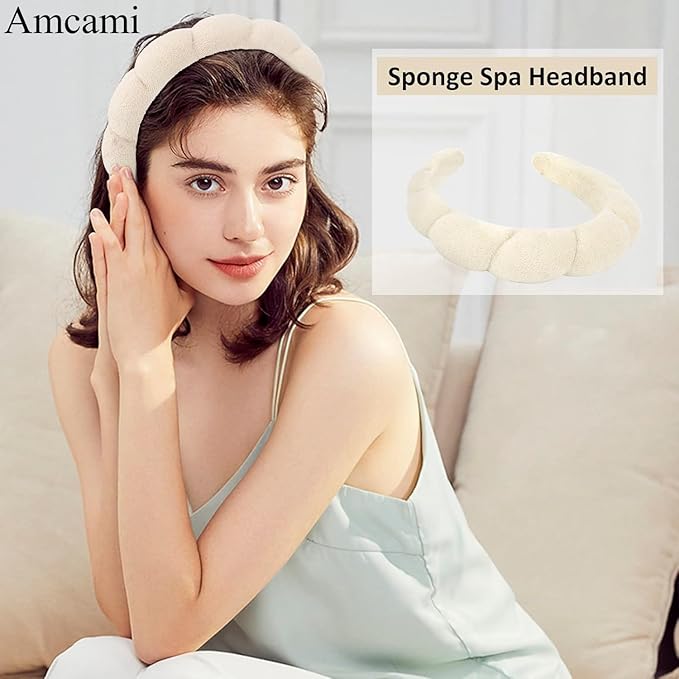 AMCAMI 2 PCS Puffy Spa Headband for Women Sponge Headbands for Girls Terry Towel Cloth Fabric Head Band for Skincare, Makeup Removal(Beige&Light coffee)