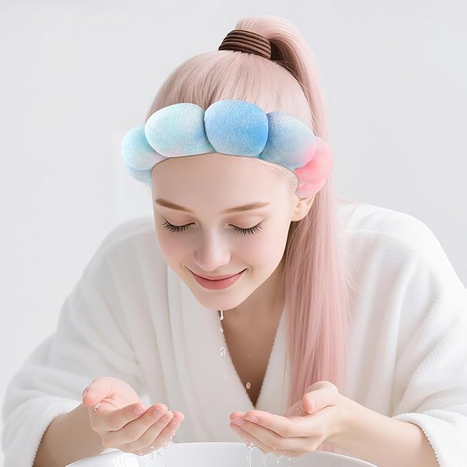 Zkptops Spa Headband for Washing Face Wristband Set Sponge Makeup Skincare Velvet Fabric Bubble Soft Get Ready Hairbands for Women Puffy Headwear Non Slip Thick Thin Hair Accessory (Pink Tie Dye)
