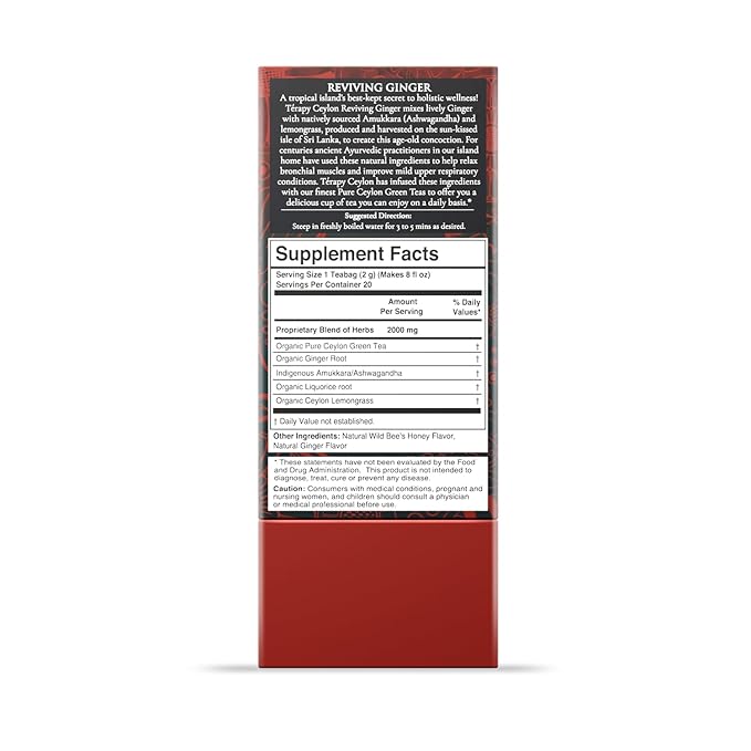 Térapy Ceylon GINGER & HONEY Tea | Organic Herbal Tea Bags | 100% Natural Ayurvedic Ingredients Including Organic Ginger, Wild Bee’s Honey, Ashwagandha & Lemongrass | 20 Individually Wrapped Tea Bags