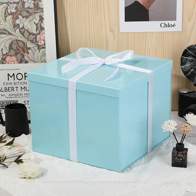 Large Gift Box with Lid 12.5x12.5x10 Inches, Blue Gift Boxes for presents Packaging for Birthdays, Valentine's Day, Christmas, Anniversaries (Include Shredded Paper Fill, Envelope Card Ribbon)