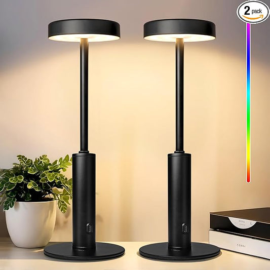 2 Pack Small Cordless Table Lamps Rechargeable,5000mAh Battery Operated Portable Desk Lamp,3 Colors & RGB Stepless Dimmable Wireless Touch Lamps for Restaurant Home Dinner Dining Patio(Black)