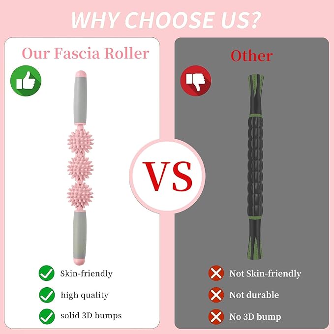 Fascia Muscle Roller, Cellulite Massager for Sore Muscles, Neck, Leg, Back - Pressure Trigger Point Body Deep Tissue Massage Stick Tools With 3 Massage Balls | Pink