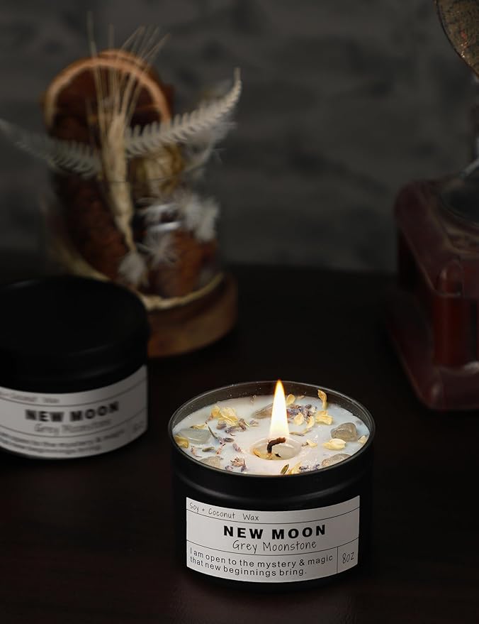 New Moon Gray Moonstone New Beginnings Ritual Energy Gift Grounding Manifestation Intention De-Stress Good Fortune Success Protection Meditation Magic Hande Made Candle(8oz).