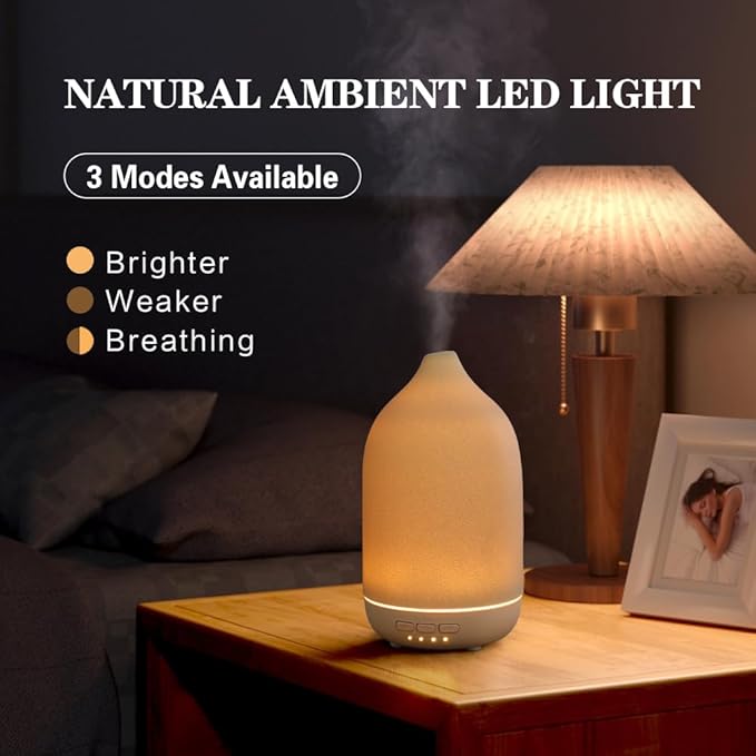 Essential Oil Diffusers, Aromatherapy Diffuser for Essential Oils, 100ml Ceramic Oil Diffusers for Large Room - 5 Timers, Warm Ambient Light, Auto-Off