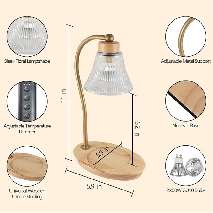 Dimmable Candle Warmer Lamp, Gifts for Women,Electric Candle Melter Melting Wax Fits Small & Large Candle Jar, Scented Candle Holder Vintage Wax Melt Warmer with 2 Bulbs