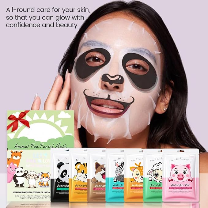evpct 7 Pack Animal Face Masks Skincare,Spa Kit for Girls Kid Animal Facial Face Masks Skincare for Teens Kids Girls Spa Day Slumber Sleepover Birthday Party Favors Supplies Kit, Sheet Mask Beauty