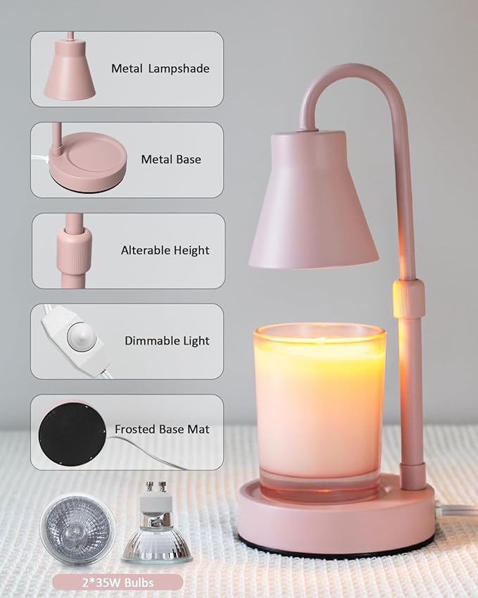 Candle Warmer Lamp with Adjustable Height, Stepless Dimming Function-Home Decor Lamp, Metal Candle Lamps for Jar Candles, No Flame Scented Candle Warmers with 2 Bulbs (Pink)