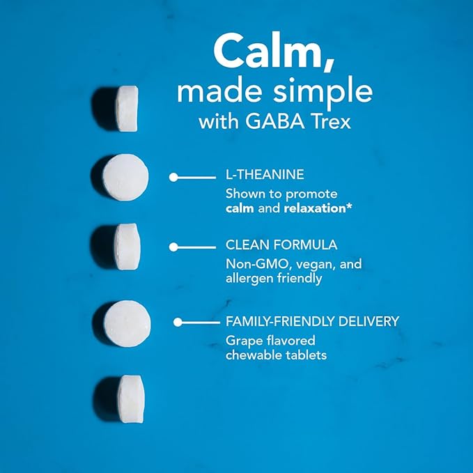 Neuorscience GABA Trex L Theanine Supplement - Calm Aid for Daytime Stress Support & Evening Relaxation - Chewable Grape-Flavored Tablets - Vegan & Non-GMO (60 Tablets)