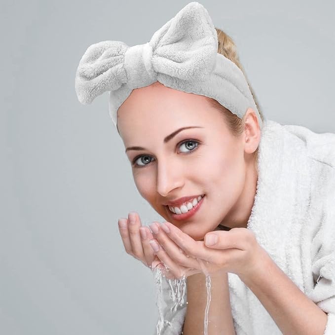 Casoty 8 Pcs Grey Spa Hair Bands for Women, Bow Fleece Headbands for Makeup, Shower, Yoga, and Skincare