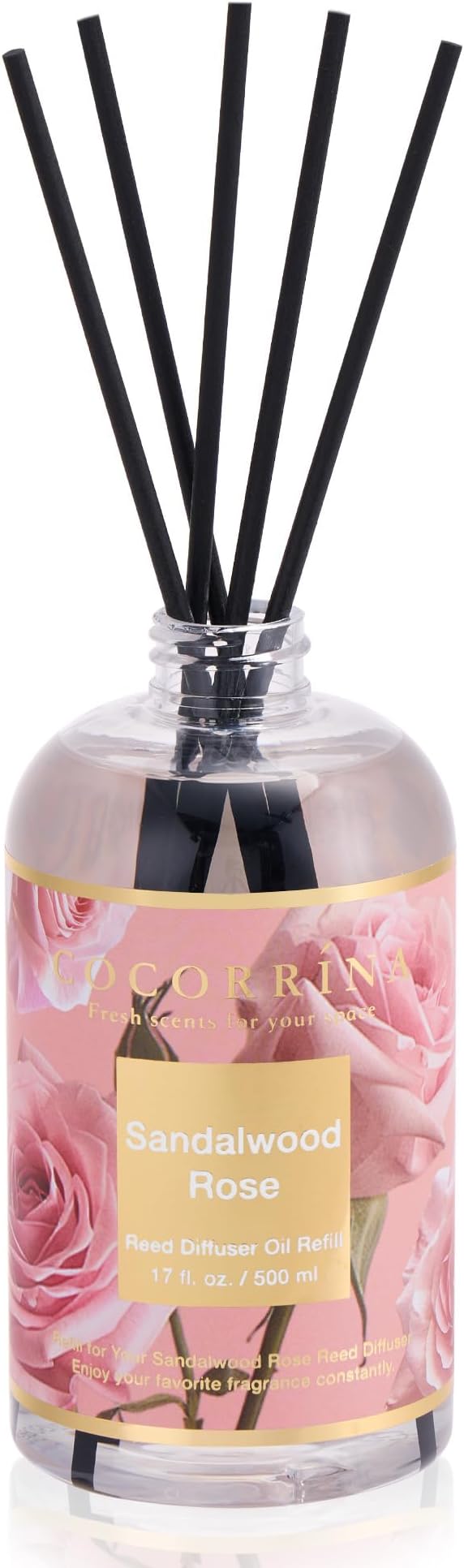 Cocorrína Reed Diffuser Refill Sandalwood Rose 17oz (500ml) with 8 Sticks - Premium Long-Lasting Floral Essential Oil, Home Fragrance for Bedroom, Bathroom Home Decor