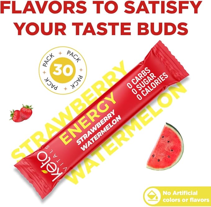 Keto Vitals Electrolyte Energy Drink Powder Packets - Electrolyte Supplement for Energy and Rehydration - Strawberry Watermelon Keto Powder Packets, 30 Count