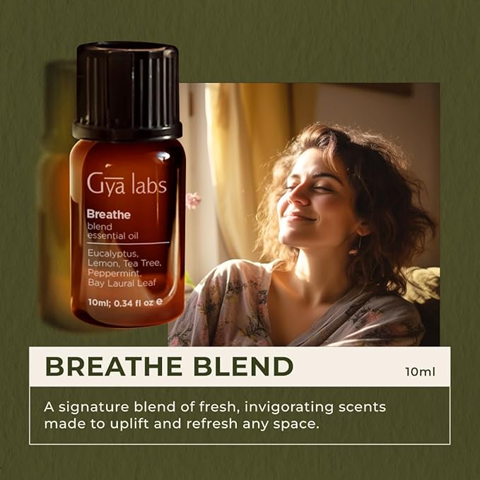 Gya Labs Breathe Essential Oil Blends - 100% Pure Natural Breathe Easy Essential Oils from Eucalyptus, Peppermint and More for Humidifier Cleaner (0.34 Fl Oz)
