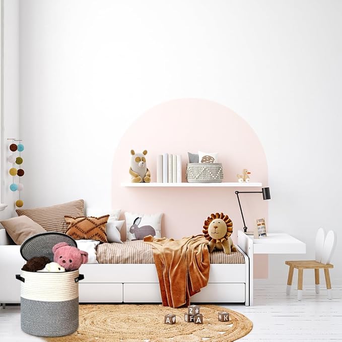 Cotton rope Storage Basket with Zipper cover & Woven baskets with Lid for Books, Blankets, hats, jackets，Multi-Purpose Storage Basket for Living Room,Christmas gifts. 14x13inches(Grey+White)