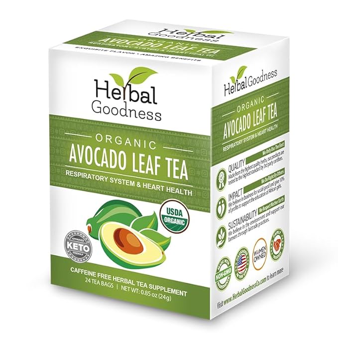 Avocado Leaf Tea - Organic Avocado Green Tea Bags Rich in Calcium, Nutrient Dense, Respiratory & Heart Support - 24/2g Tea Bags - Herbal Goodness