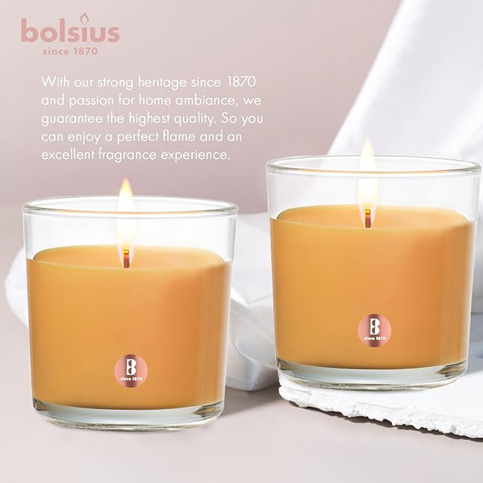 Bolsius Premium Mango Scented Candle - Long-Lasting Candle Jar, 43+ Hours Burning Time - Natural Mango Candle with Plant-Based Wax- Smokeless. Clean-Burning Aromatherapy Candle - Large, 8oz Jar